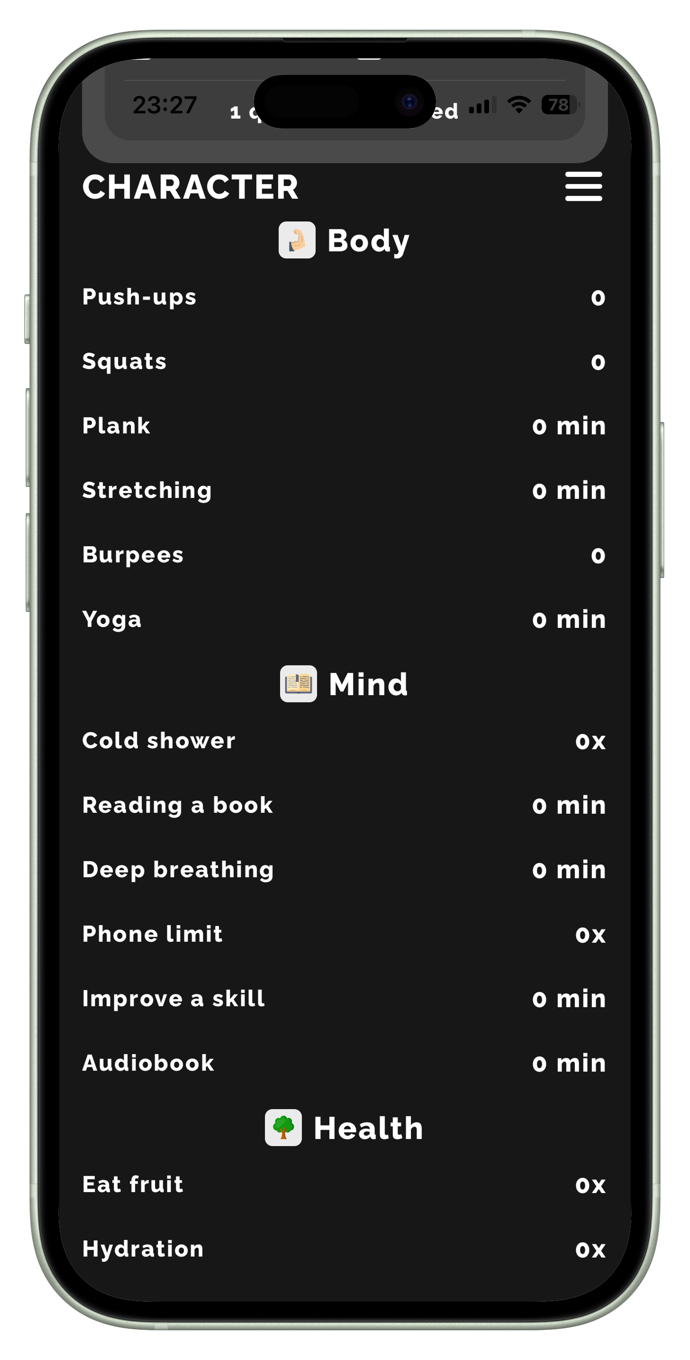 Character screen mockup